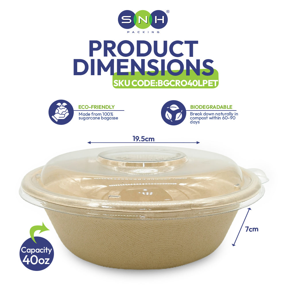 Bagasse Round Containers with PET and PP Lids 12oz to 40oz