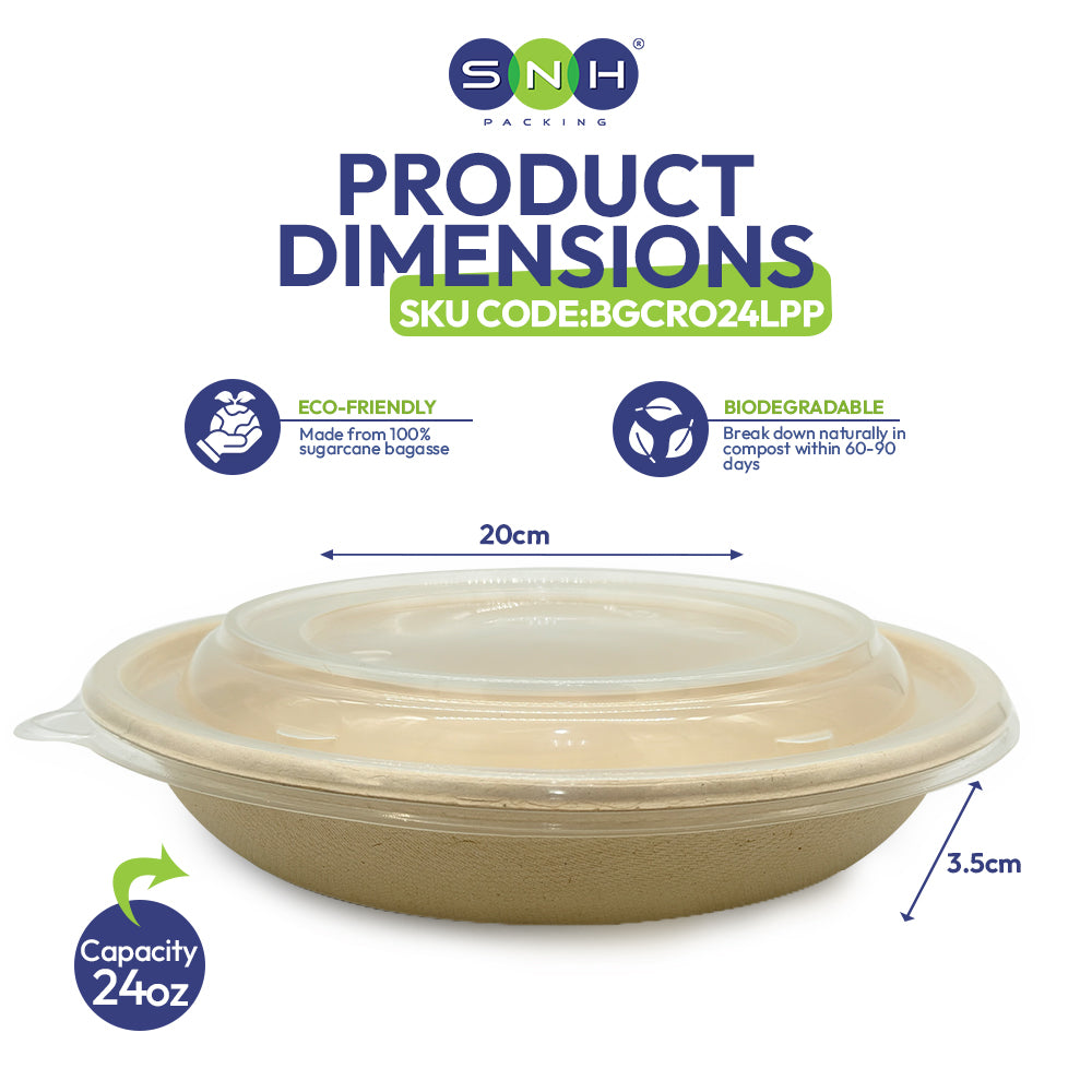 Product dimensions label for a beige container with lid, showing eco-friendly and biodegradable features.