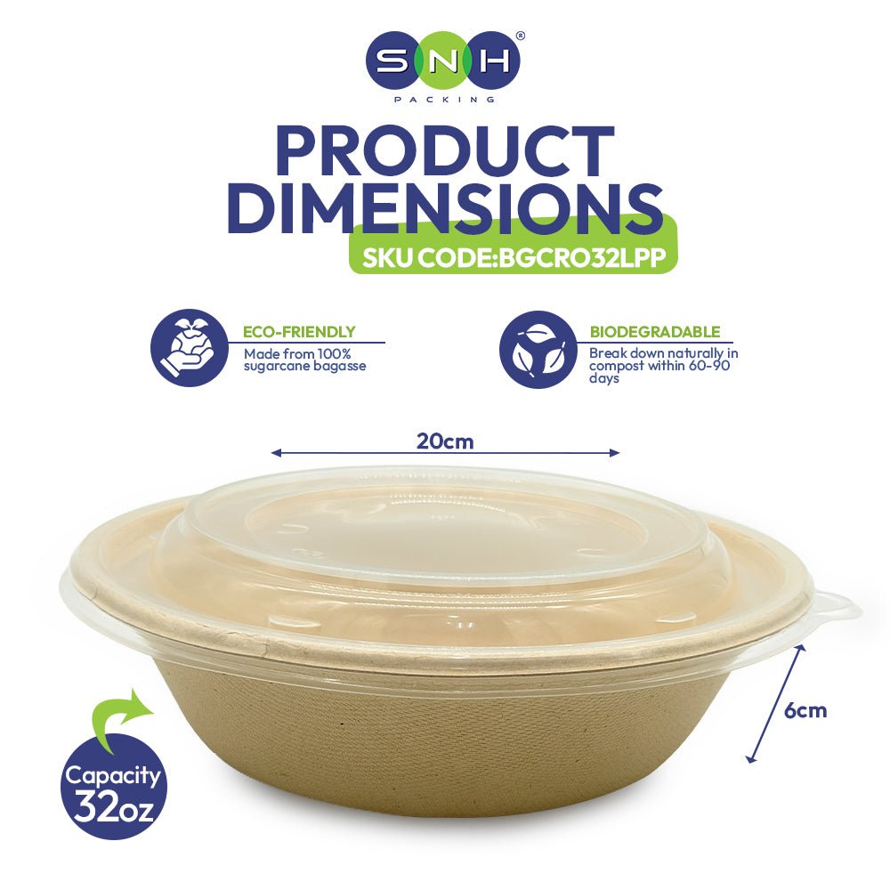 Bagasse Round Containers with PET PP Lids 12oz to 40oz - SNH Packing