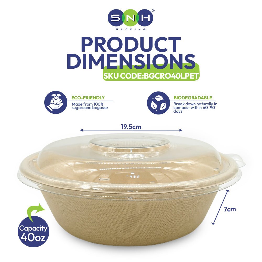 Bagasse Round Containers with PET PP Lids 12oz to 40oz - SNH Packing