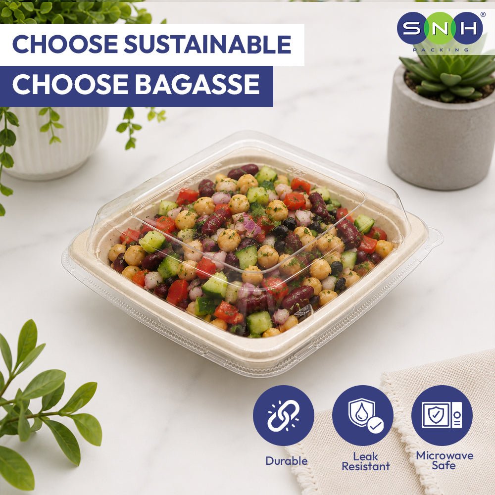 Bagasse Square Bowl 24oz with PET Lid – 300 Pieces | Wholesale Takeaway Bowl UAE - SNH Packing