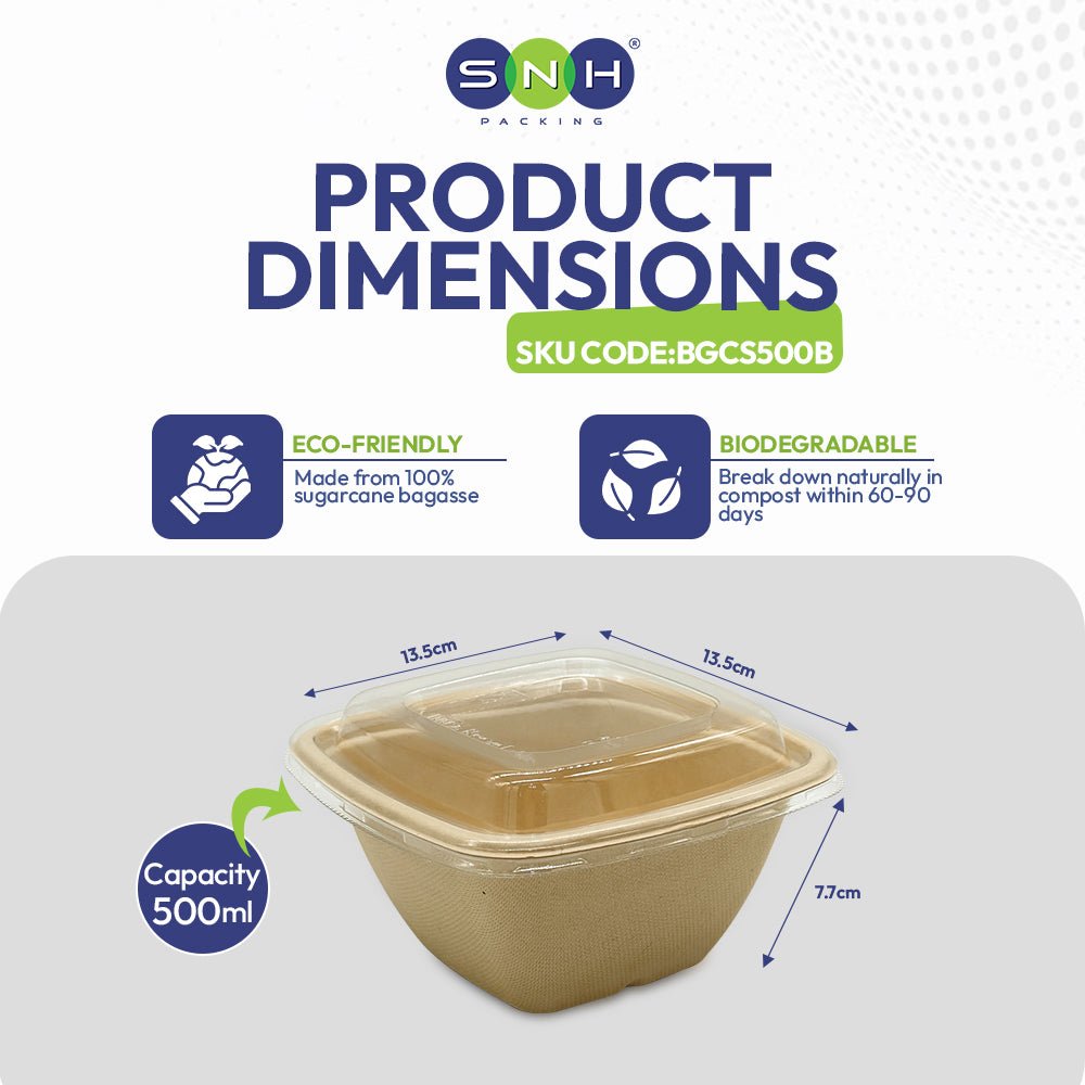 Bagasse Square Bowl 500ml with PET Lid – 600 Pieces | Bulk Food Bowl Supplier UAE - SNH Packing