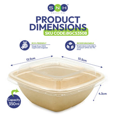 Eco-friendly food container with dimensions and SNH branding on a white background
