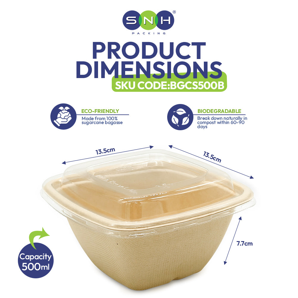 Eco-friendly food container with dimensions and SNH branding on a white background