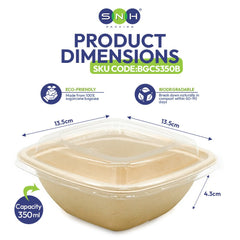 Bagasse Square Bowl Containers with PET Lid 350ML 500ML - SNH Packing
