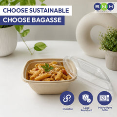 Bagasse Square Bowl Containers with PET Lid 350ML 500ML - SNH Packing