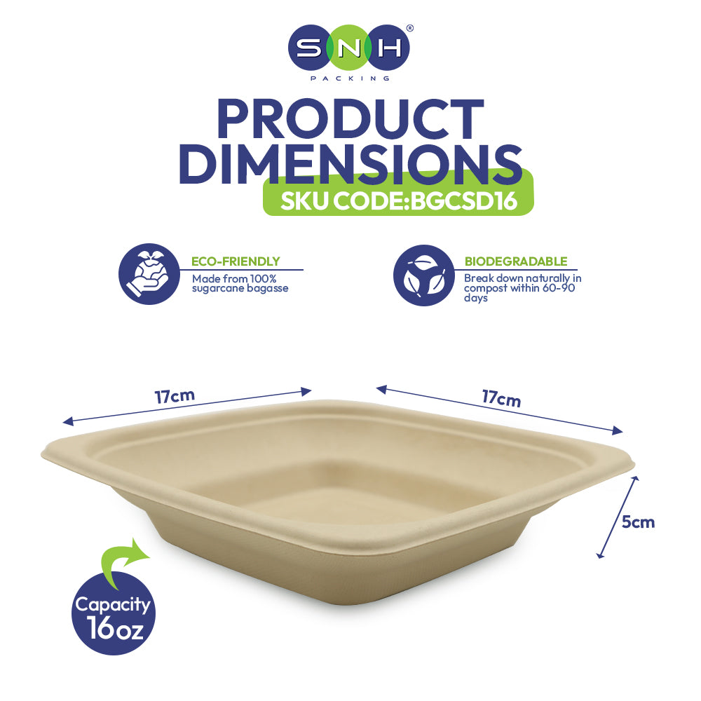 Product dimensions of a biodegradable container with SNH branding and eco-friendly features.