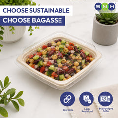 Plastic container with salad on a white surface with 'Sustainable' text and SNH logo.