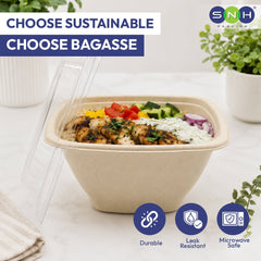 Bagasse Square Deep Containers with PET Lids 16oz to 42oz - SNH Packing