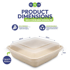 Bagasse Square Food Containers with Lids 1000ml to 1400ml - SNH Packing