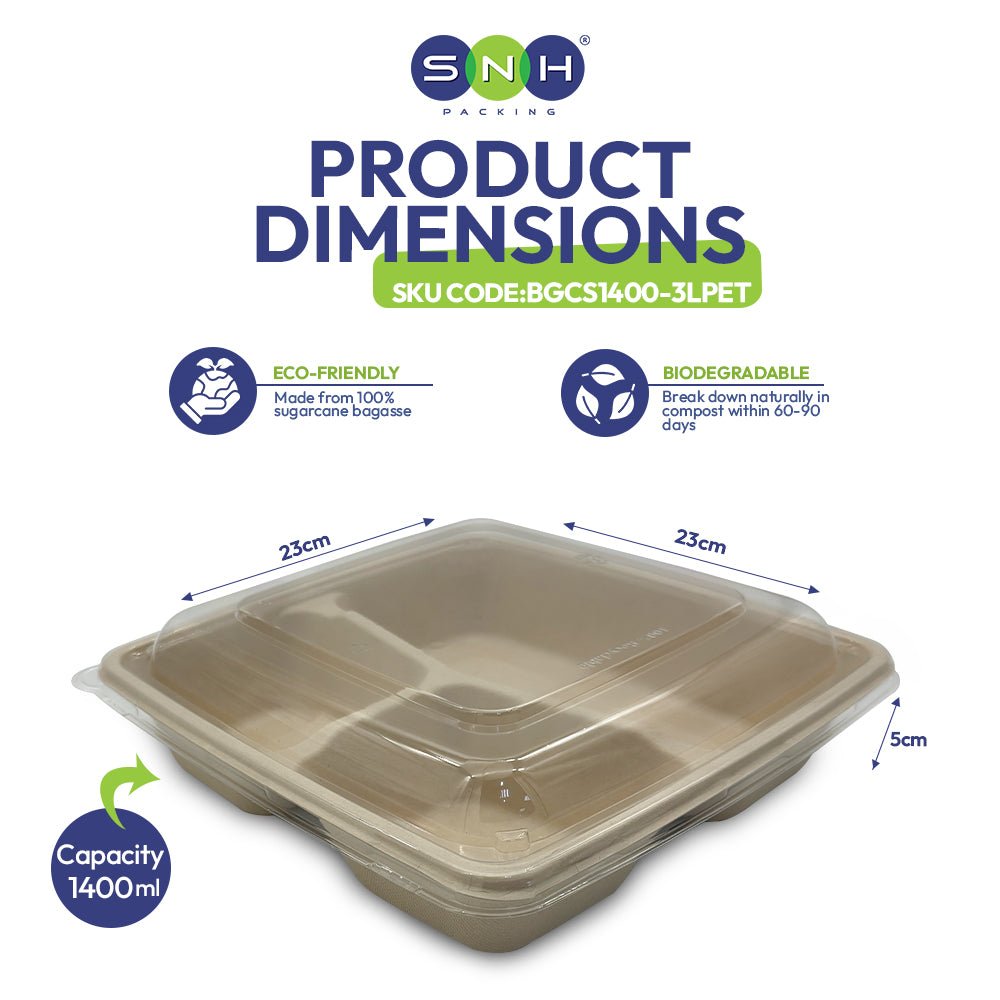 Bagasse Square Food Containers with Lids 1000ml to 1400ml - SNH Packing