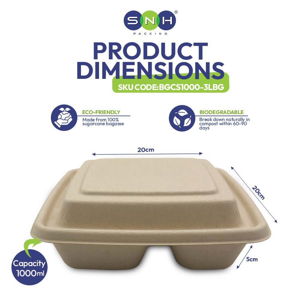 Bagasse Square Food Containers with Lids 1000ml to 1400ml - SNH Packing