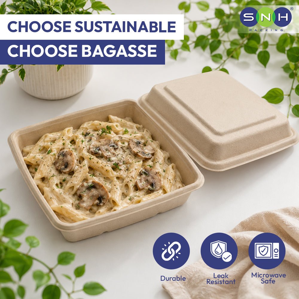 Bagasse Square Food Containers with Lids 1000ml to 1400ml - SNH Packing