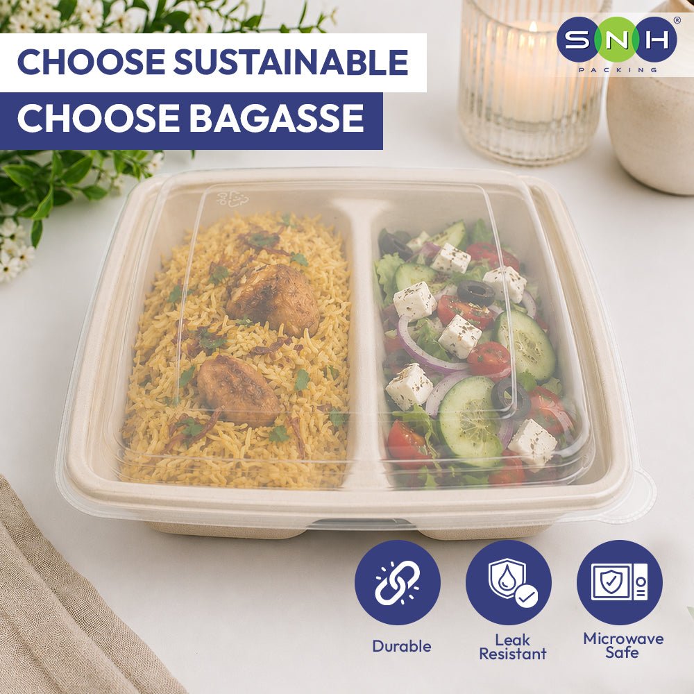 Bagasse Square Food Containers with Lids 1000ml to 1400ml - SNH Packing