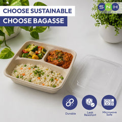 Bagasse Square Food Containers with Lids 1000ml to 1400ml - SNH Packing
