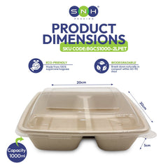 Bagasse Square Food Containers with Lids 1000ml to 1400ml - SNH Packing