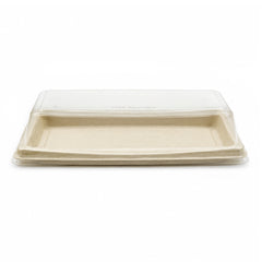 A square, biodegradable compostable tray made of natural fiber, featuring a clear, transparent plastic lid that is slightly domed.