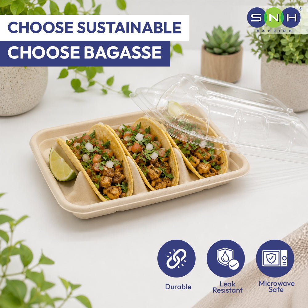 Bagasse Tacos Tray with PET Lid | Eco Friendly Food Packaging - SNH Packing