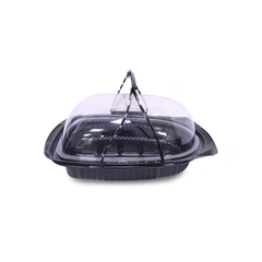 Black plastic food container with clear lid on a white background