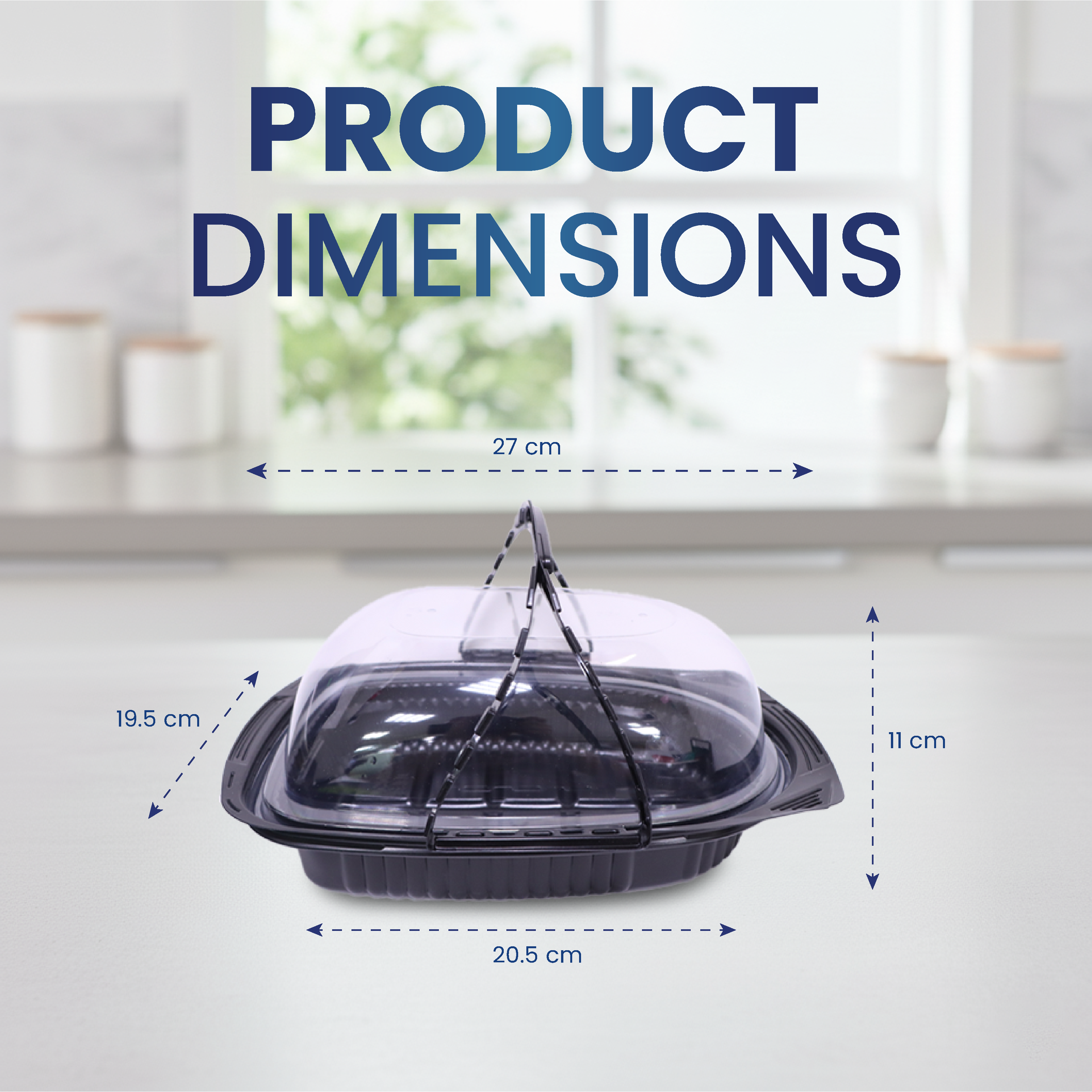Product dimensions displayed on a kitchen background with a clear container.