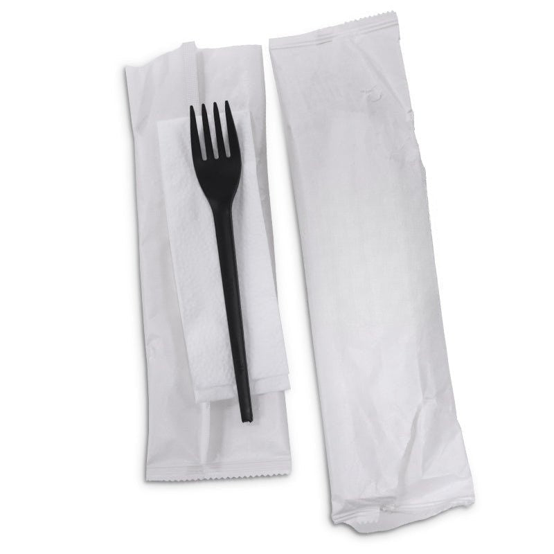 Black Cutlery Pack Fork & Napkin Individually Wrapped - SNH Packing