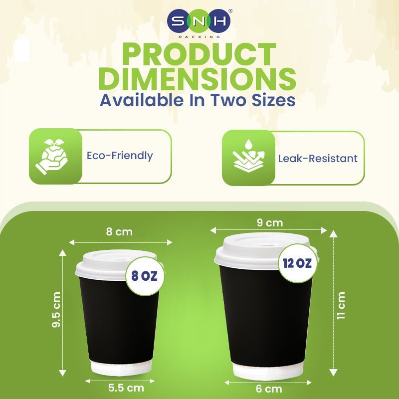 Black Double Wall Paper Cups with Bagasse Lids 8oz 12oz - SNH Packing