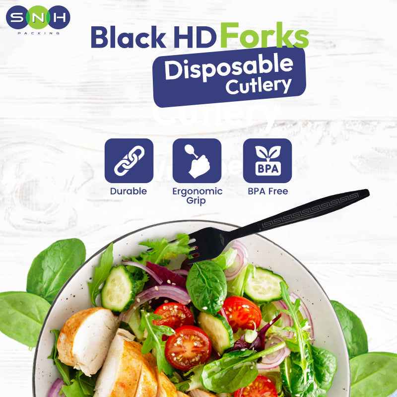 Disposable cutlery with salad on a white background, featuring SNH branding.