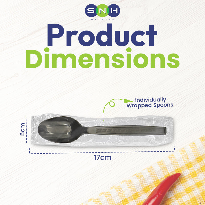 Product dimensions of individually wrapped spoons with SNH branding on a white background.