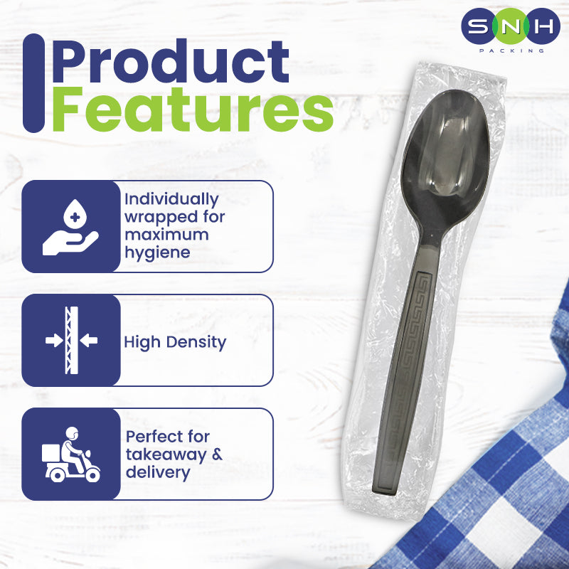Packaged spoon with SNH branding and product features on a white background