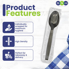 Packaged spoon with SNH branding and product features on a white background