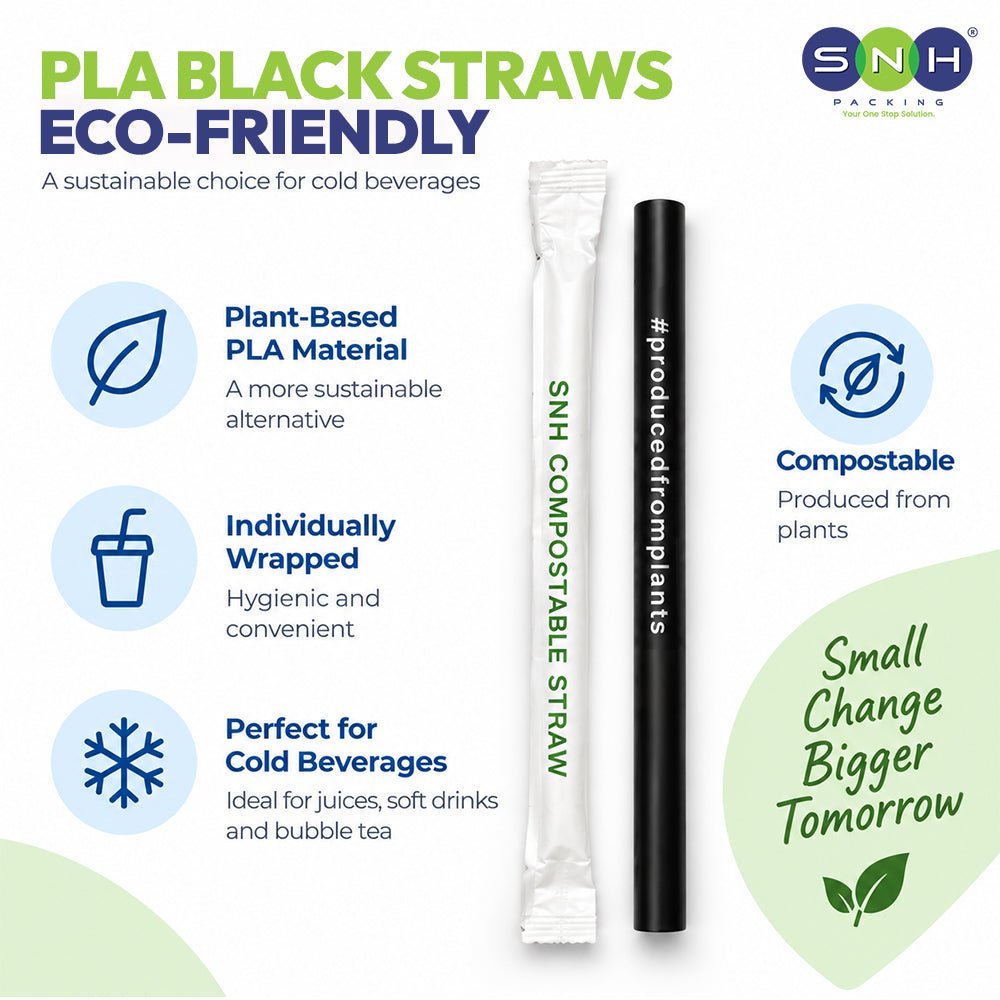 SNH Packaging PLA Black Straws Eco-Friendly compostable single-serve straw