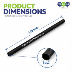 A black plastic plant support stake with dimensions labeled as 145 mm in length and 8 mm in diameter