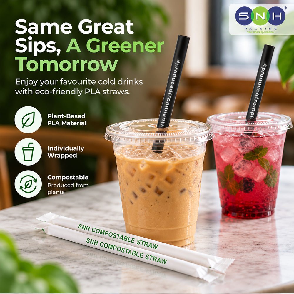 Two reusable clear plastic cups with lids and black compostable straws on a marble tabletop, one filled with iced coffee and one with a red berry drink. Large promotional text reads 'Same Great Sips, A Greener Tomorrow' with SNH RACING branding and feature icons for plant-based PLA material, individually wrapped, and compostable.