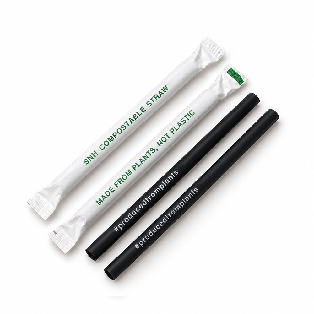 Two reusable straws and two individually wrapped compostable straw straws. The wrapped straws are white with green text reading 'SNH COMPOSTABLE STRAW' and 'MADE FROM PLANTS, NOT PLASTIC.