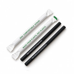 Two reusable straws and two individually wrapped compostable straw straws. The wrapped straws are white with green text reading 'SNH COMPOSTABLE STRAW' and 'MADE FROM PLANTS, NOT PLASTIC.