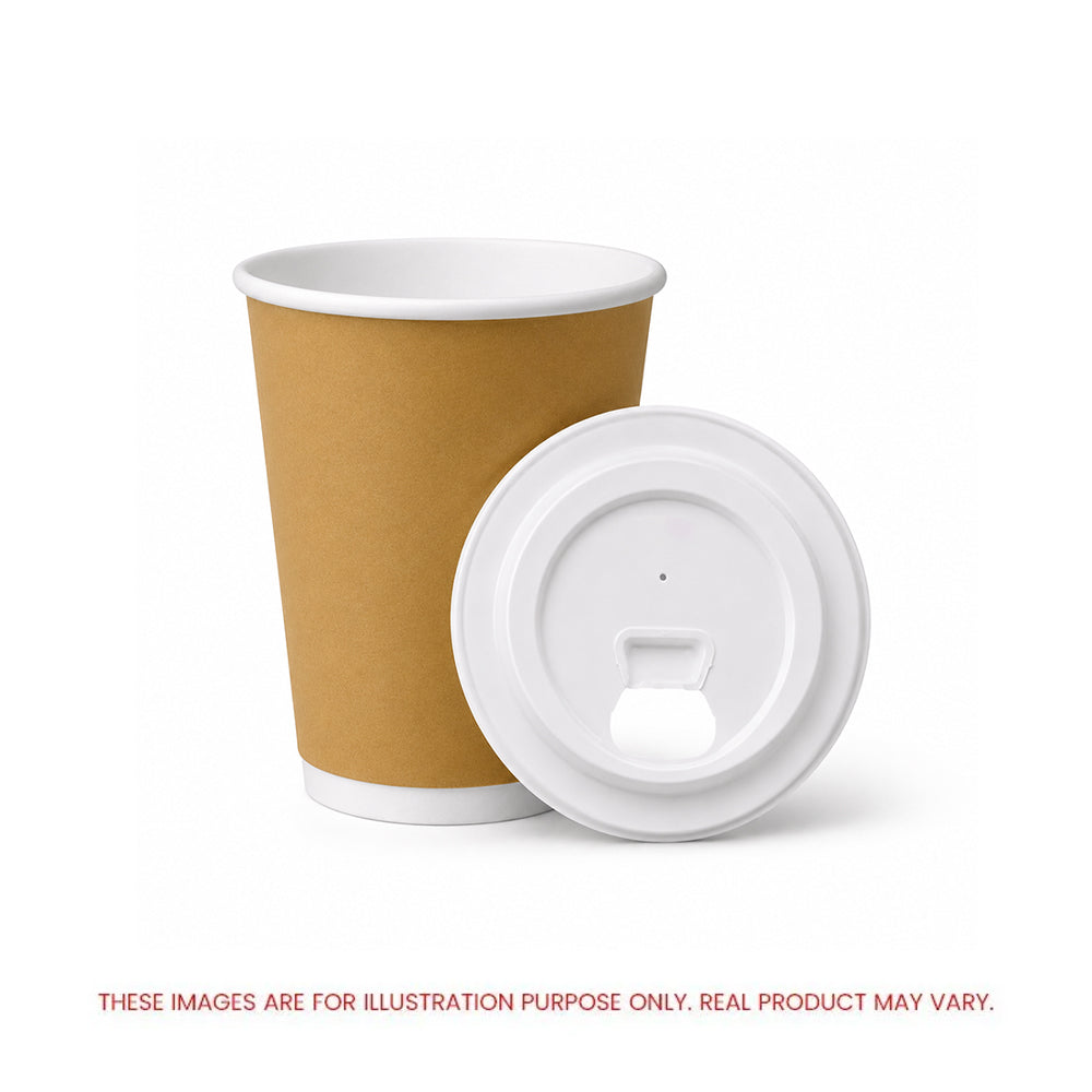 A brown kraft paper coffee cup with a white rim, shown next to a white plastic lid with a built-in bottle opener, on a white background with a disclaimer text at the bottom.