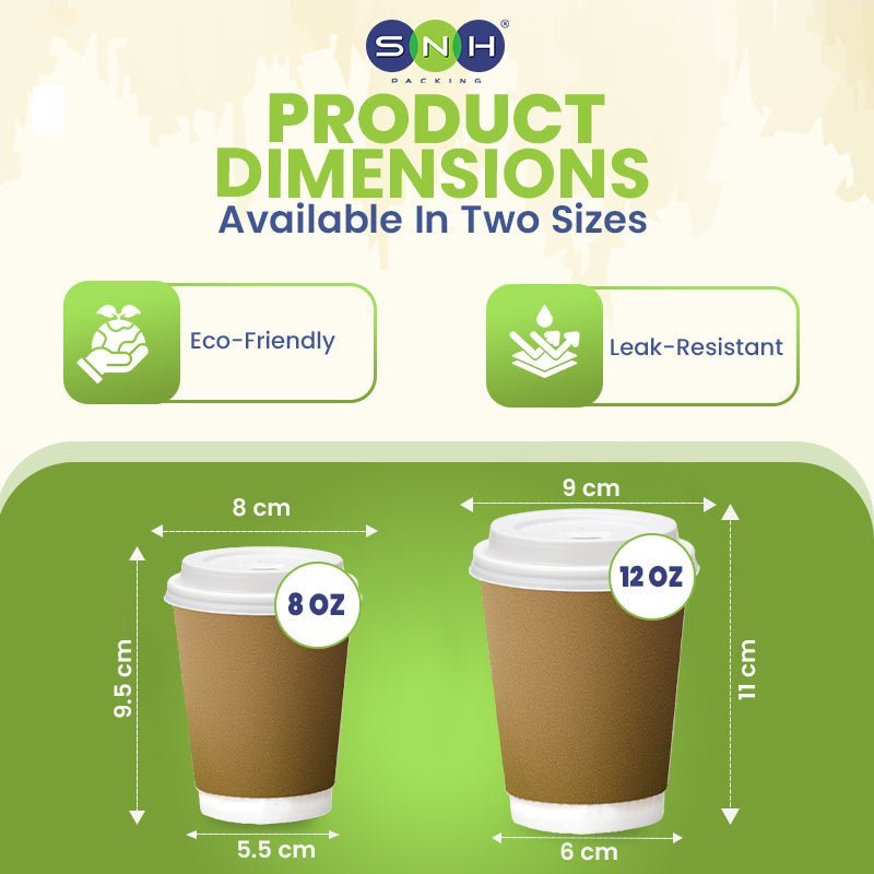 Brown Double Wall Paper Cups with Bagasse Lids 8 OZ 12 OZ - SNH Packing