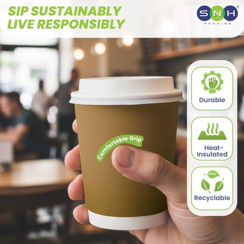 Brown Double Wall Paper Cups with Bagasse Lids 8 OZ 12 OZ - SNH Packing