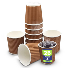 Stack of brown paper cups with a visible label on a white background