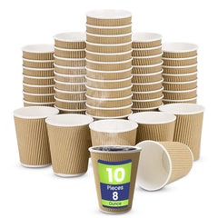 A set of brown kraft paper ripple coffee cups without lids, stacked together with one cup placed in front showing the textured pattern, and a label indicating the product contains 10 pieces and is 4 inches in height.
