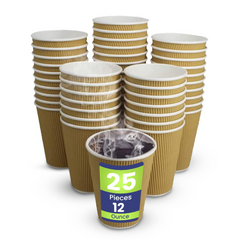 Stacks of brown paper cups with a visible label indicating quantity on a white background