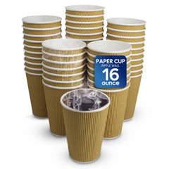 Stack of 16-ounce paper cups with a visible brand label on a white background