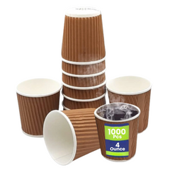 Brown paper cups with a label indicating 1000 pieces of 4-ounce cups on a white background.