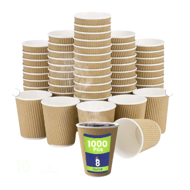 Stacks of paper cups with a visible label indicating quantity on a white background