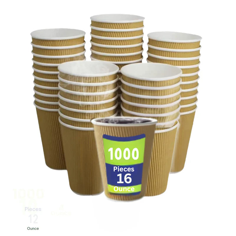 Stacks of paper cups with a visible quantity label on a white background