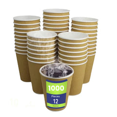 Stacks of brown paper cups with a visible label indicating 1000 pieces and a capacity of 12 ounces on a white background.