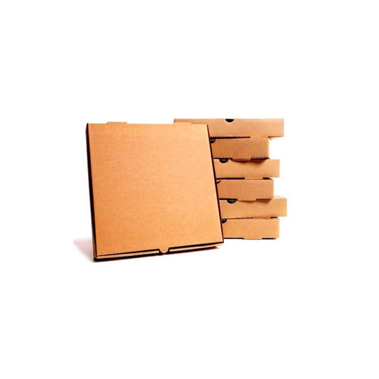 A pack of brown, kraft paper pizza boxes, with a single box displayed in front and multiple boxes stacked behind it.