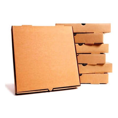 A pack of brown, kraft paper pizza boxes, with a single box displayed in front and multiple boxes stacked behind it.