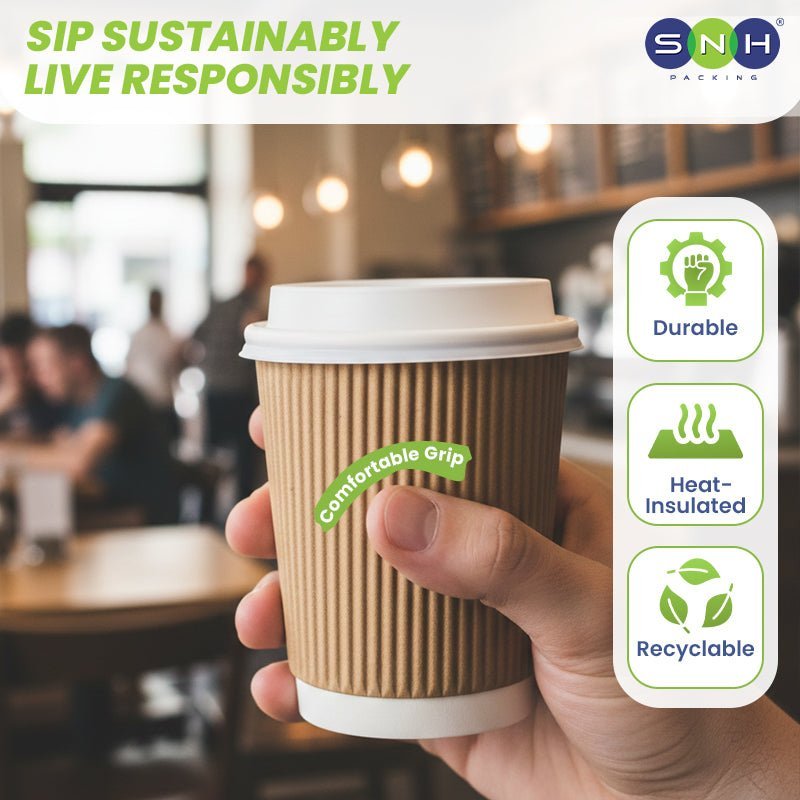 Brown Ripple Wall Paper Cup with Bagasse Lid - SNH Packing