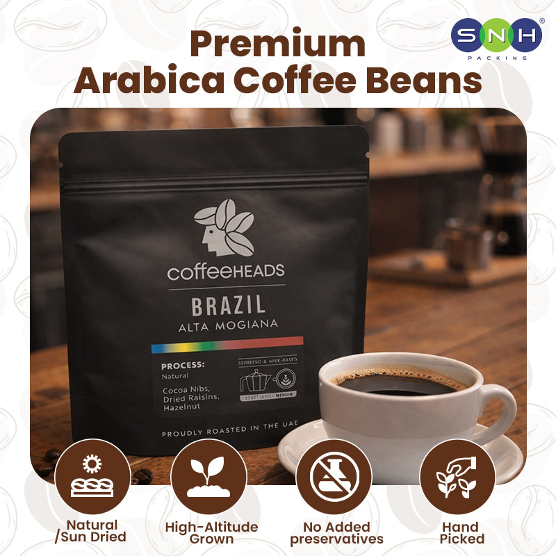 Coffee package labeled 'Coffeeheads' with a cup of coffee on a wooden table.